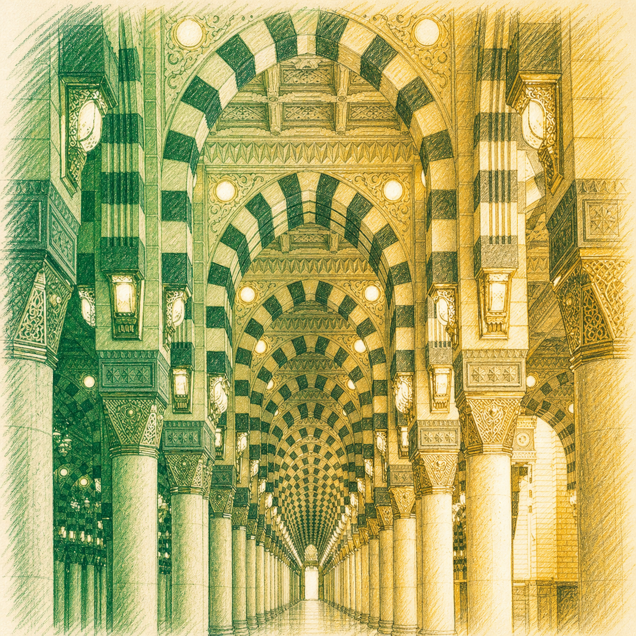 Interior arches of Masjid an-Nabawi in Madinah